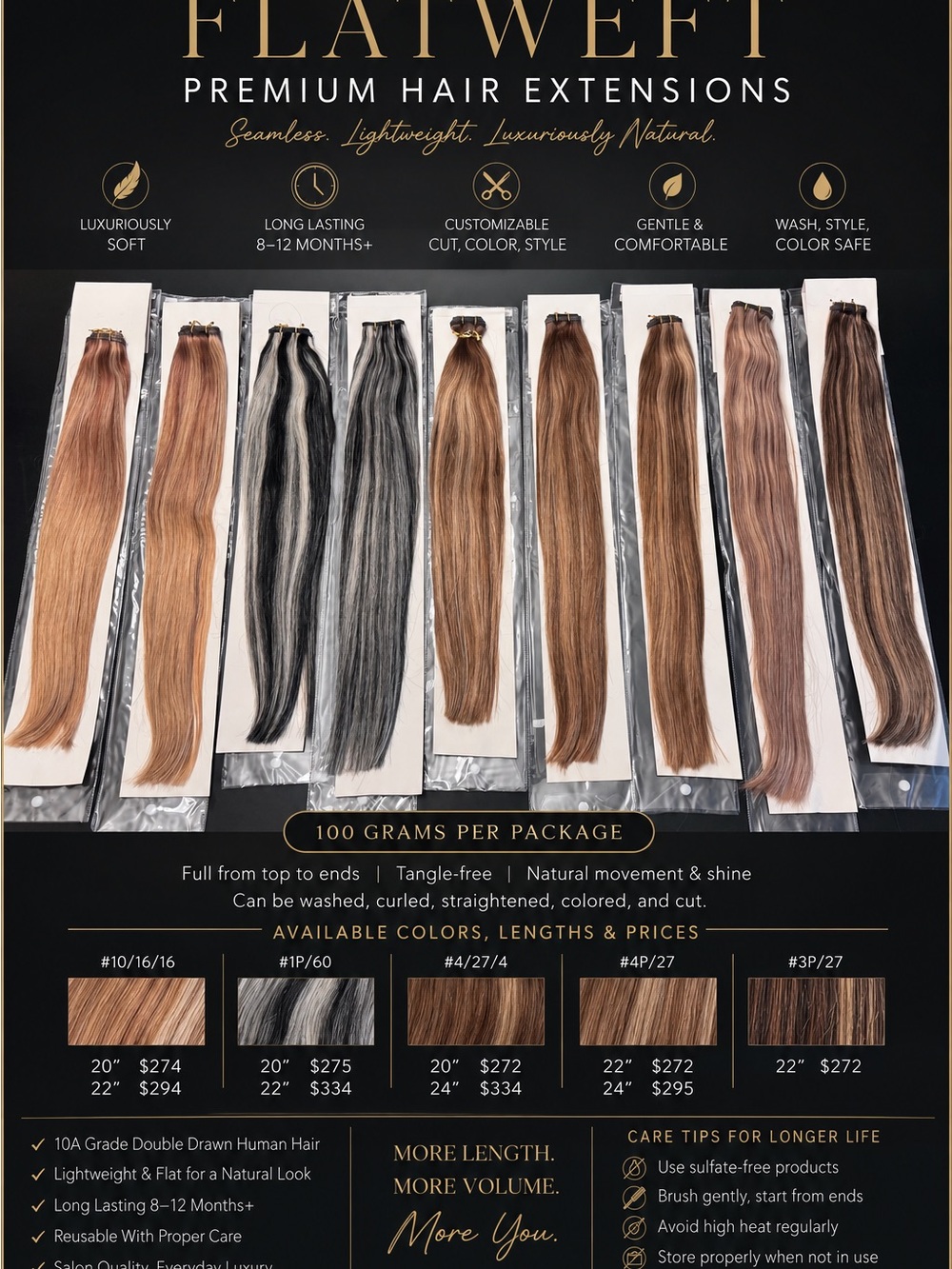 Premium FlatWeft Hair Extensions Variety Of Colors & Lengths 100 grams Bundle